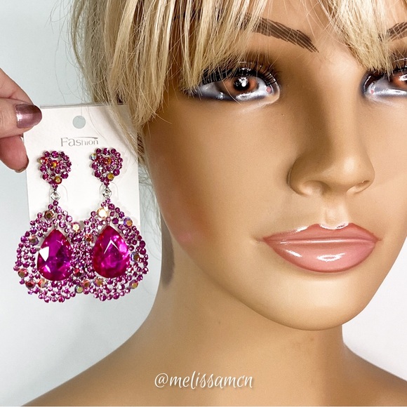 Fuchsia Pink Austrian Crystal Chandelier Earrings Prom Pageant Formal - Picture 3 of 7